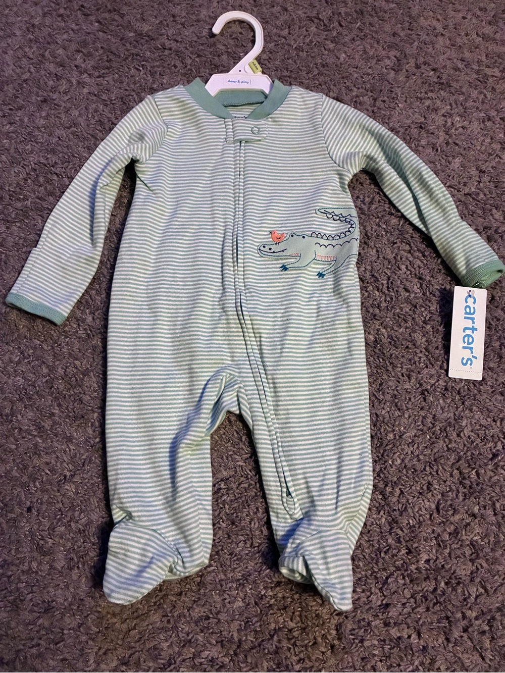 Carter's Mint Green & White Striped Footed One-Piece with Crocodile